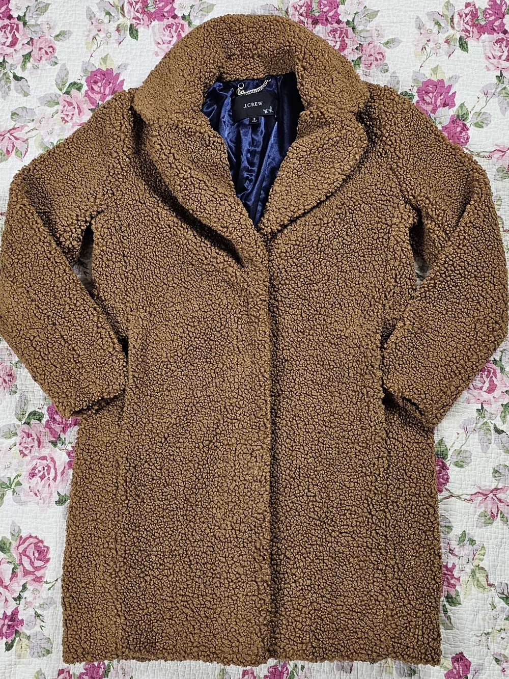 J.Crew Women's Brown Teddy Overcoat Mid-Length Lined Button Front Pockets S